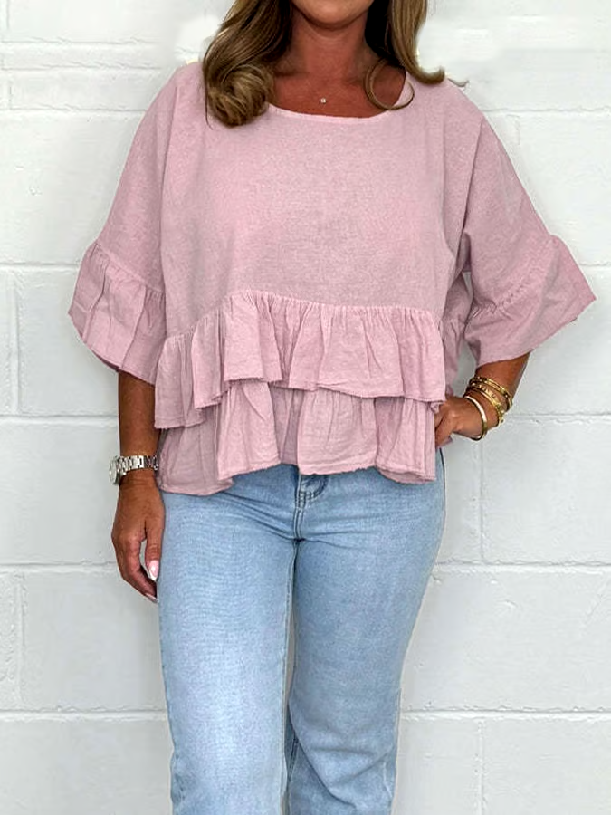 Women'S Solid Color Round Neck Ruffled Cotton And Linen Top