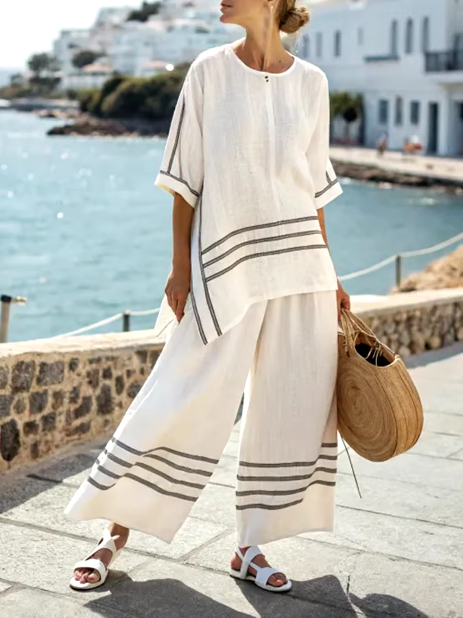 Women'S Loose Slit Irregular Striped Pants Set