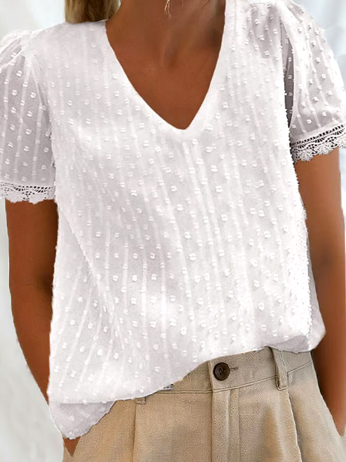 Women's Casual Solid Color V-Neck Short Sleeve Polka Dot Lace Top
