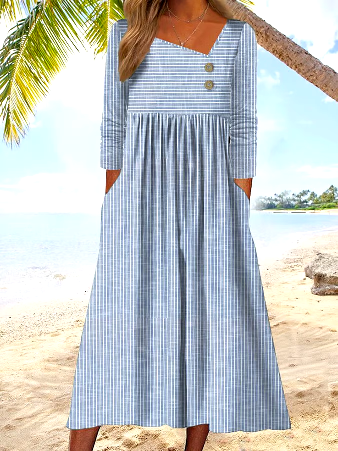 Women's Retro Striped Pockets And Buttons Casual Dress