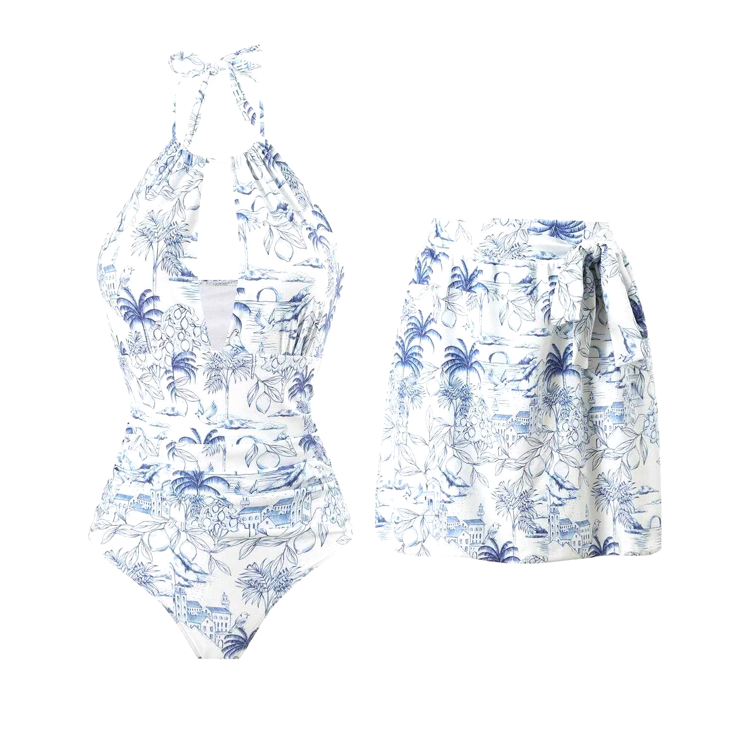 Hollowout Print Two Piece Swimsuit Set