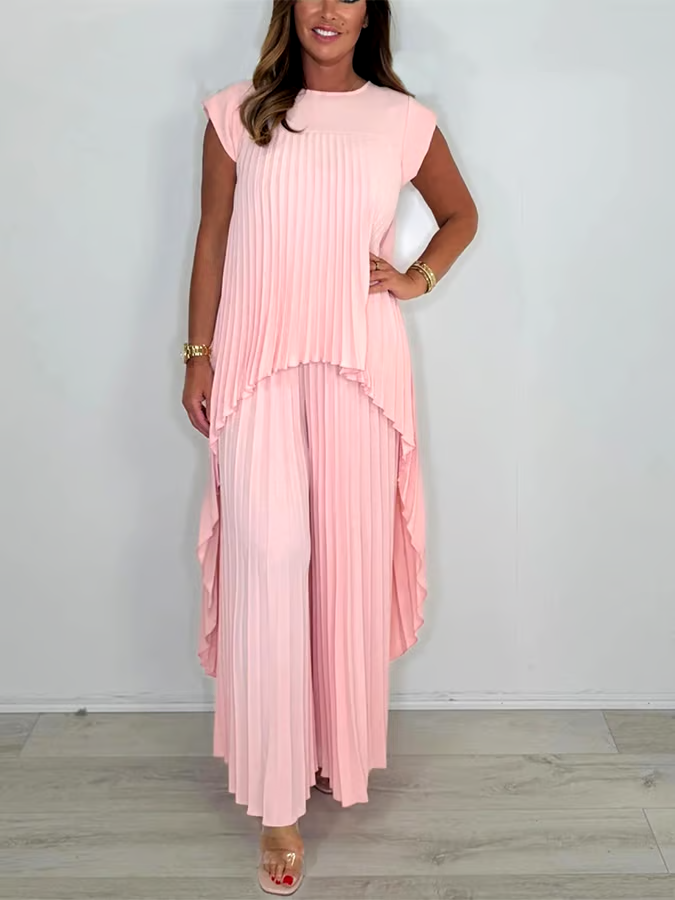 Women'S Solid Color Round Neck Pleated Top Straight Trousers Two-Piece Set