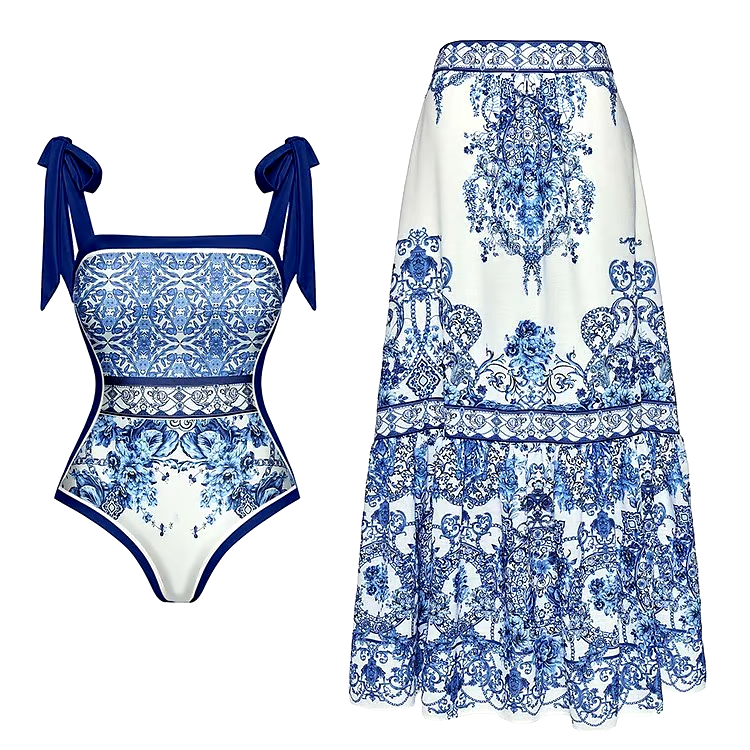 Blue And White Porcelain One Piece Swimsuit Set