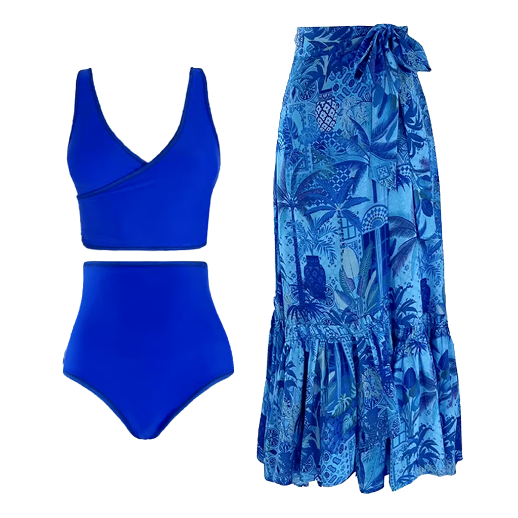 Blue Reversible High Waist Bikini And Sarong Swimsuit Set