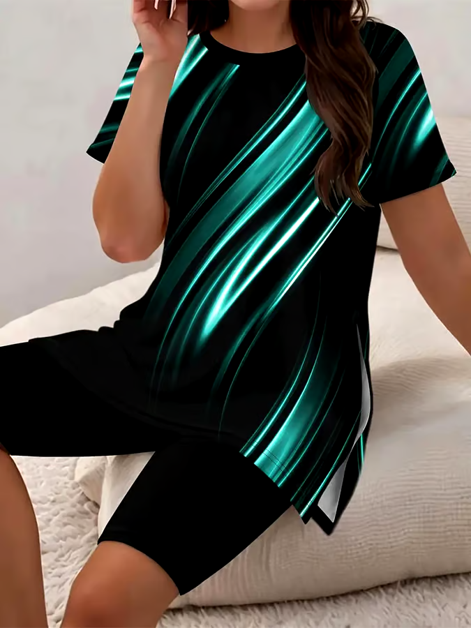 Women'S Casual Round Neck Gradient Print Short-Sleeved T-Shirt Shorts Set