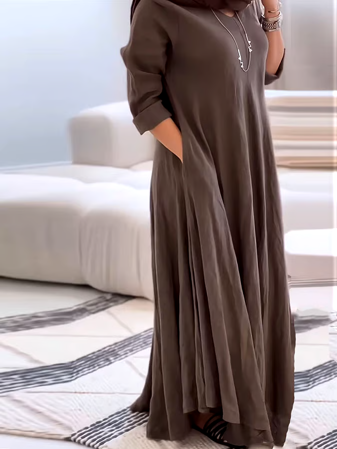 Women's Casual Solid Color V-Neck Long Sleeve Cotton and Linen Dress