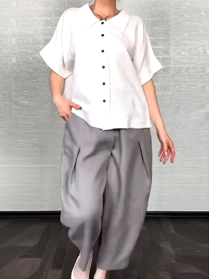 Women'S Casual Solid Color Cotton And Linen Shirt Pants Set