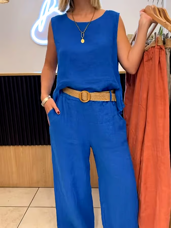 Women's Casual Solid Color Round Neck Vest Trousers Cotton and Linen Two-piece Set