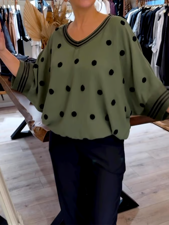 Women's Casual V-Neck Bat Sleeve Polka Dot Loose Top