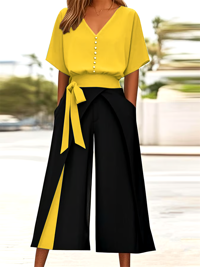 Women's Casual V-Neck Button Contrast Color Two-Piece Set