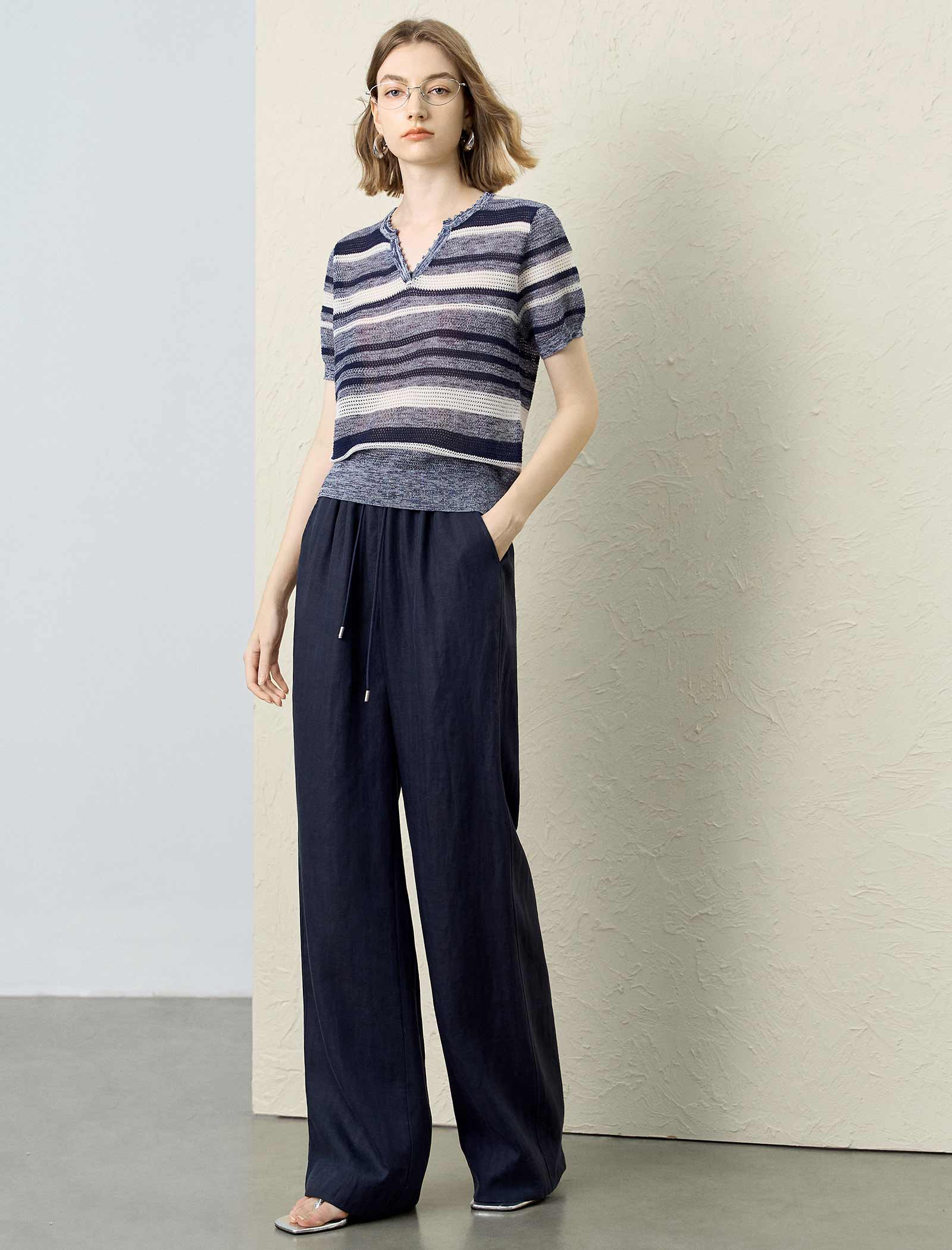 Striped V-Neck Knit Short Sleeve Top