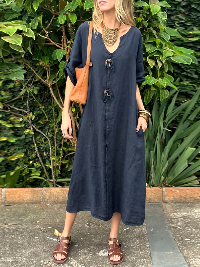 Women's Casual Loose Button Decoration Slant Pocket Cotton and Linen Dress