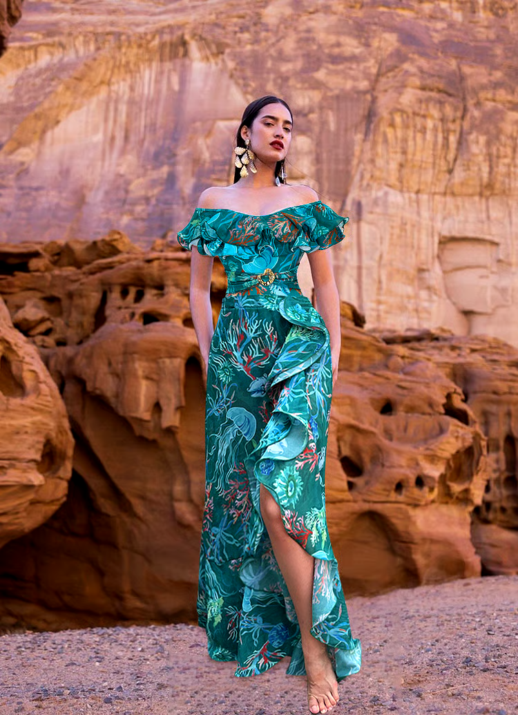 Removable Shoulder Strap Off Shoulder Marine Organism One Piece Swimsuit Set