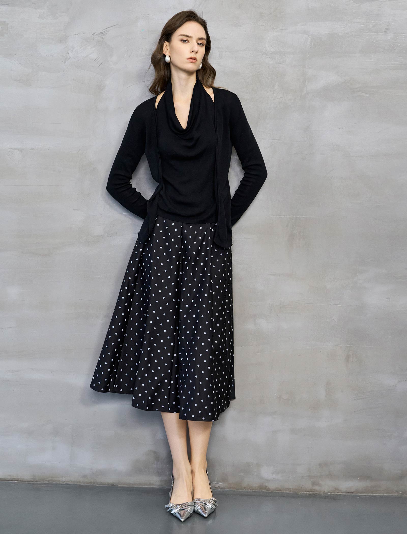 Black Draped Cowl Neck Cutout Knit Top