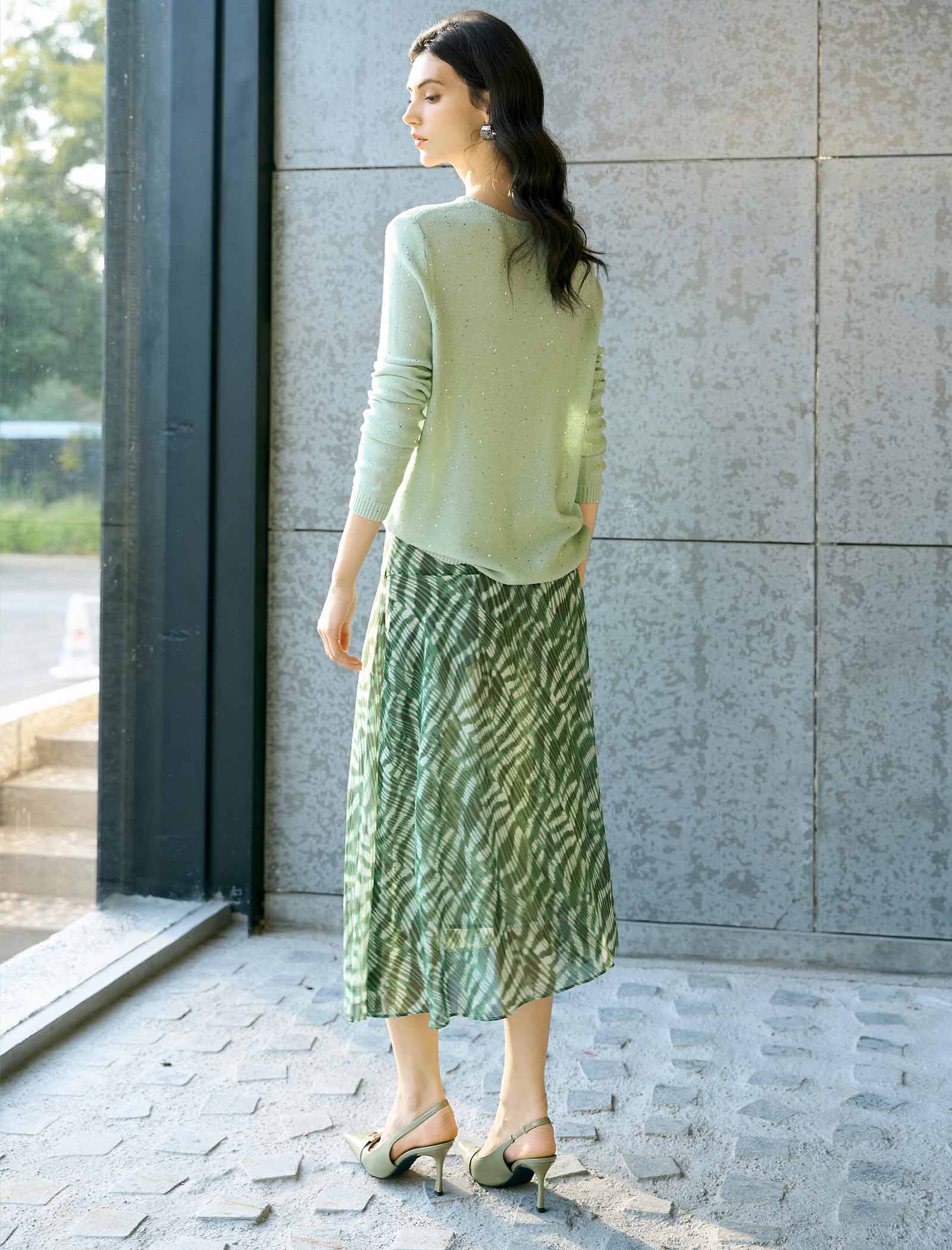 Sage Green Tencel-Linen Blend Sequin Knit Top