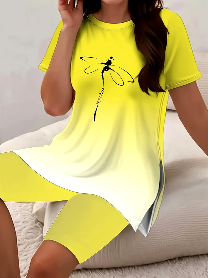 Women's Casual Round Neck Gradient Pattern Short Sleeve T-Shirt Shorts Set