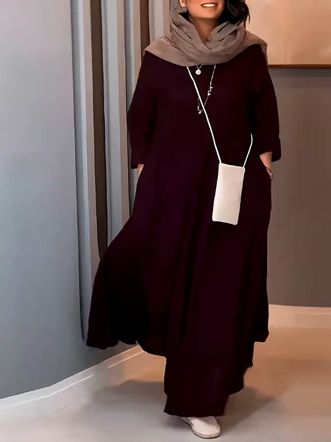 Women's Casual Solid Color V-Neck Long Sleeve Cotton and Linen Dress