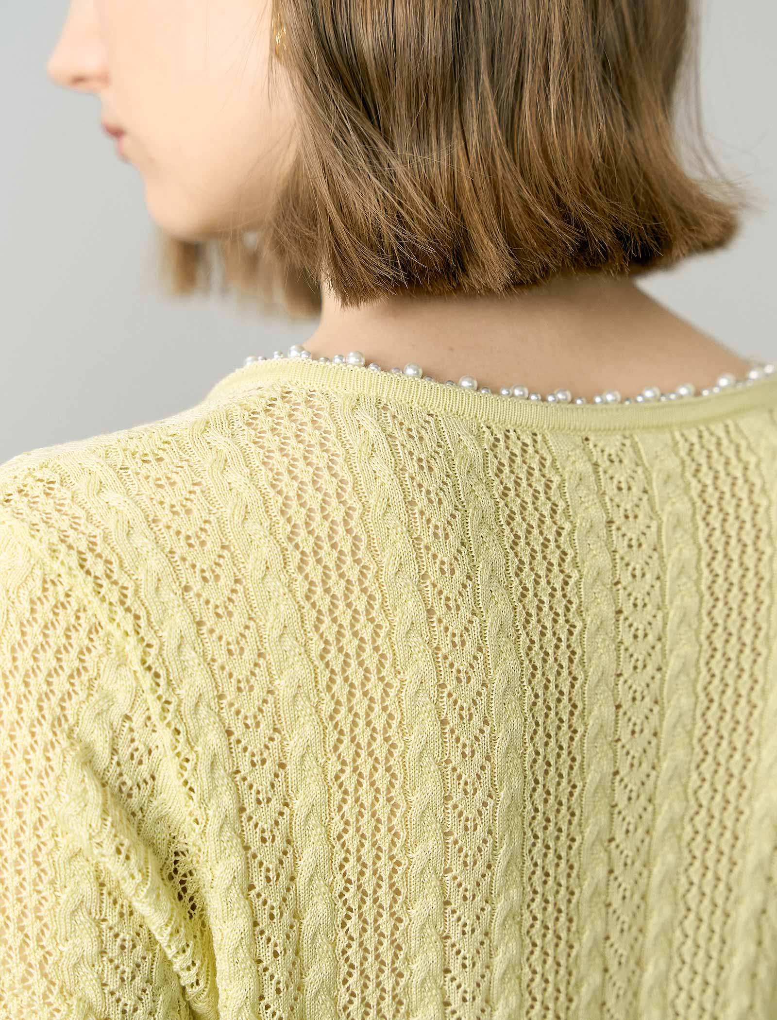 Pale Yellow Tencel Pearl Trim Knit Cardigan