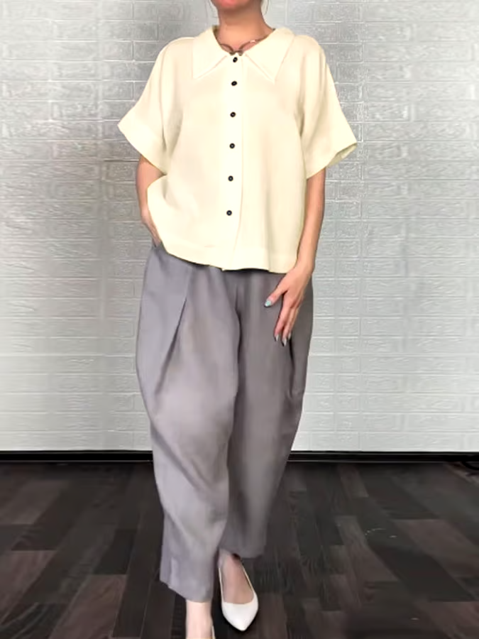 Women'S Casual Solid Color Cotton And Linen Shirt Pants Set