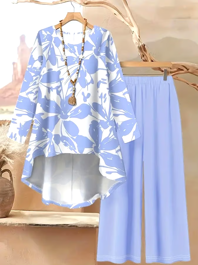 Women's Casual Printed Irregular Hem Top and Pants Two-Piece Set