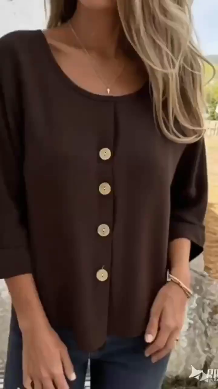 Women's Casual Solid Color V-Neck Mid-Sleeve Cotton and Linen Top