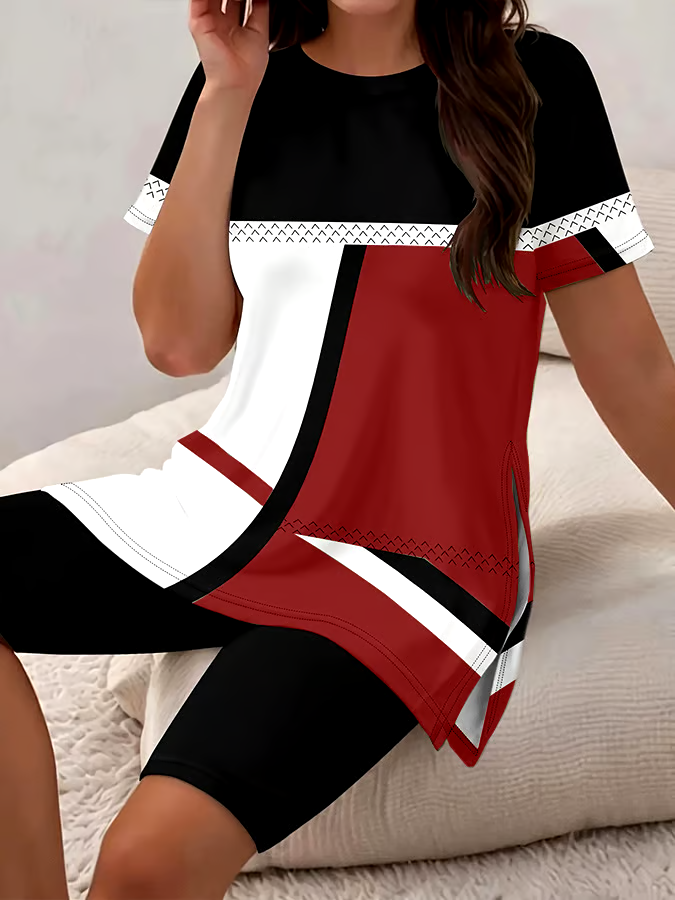 Women's Casual Round Neck Print Short Sleeve T-Shirt Shorts Set