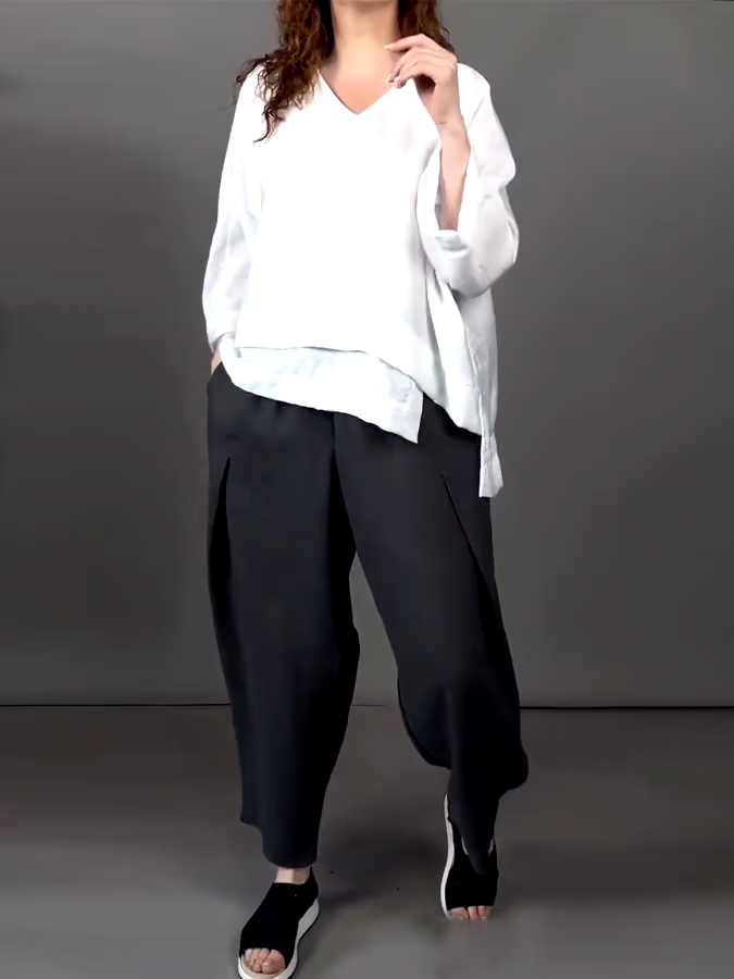 Women'S Casual Solid Color Cotton And Linen Two-Piece Suit