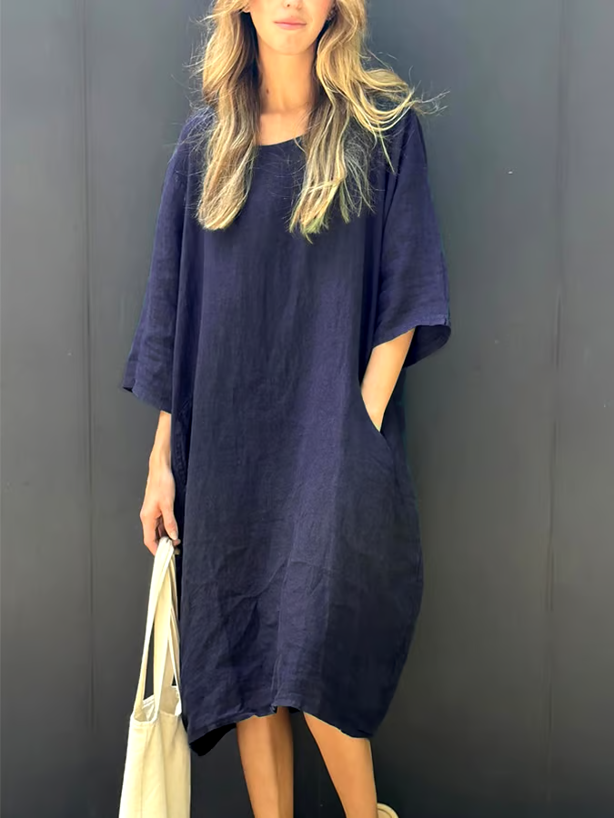 Women'S Casual Solid Color Loose Cotton And Linen Dress