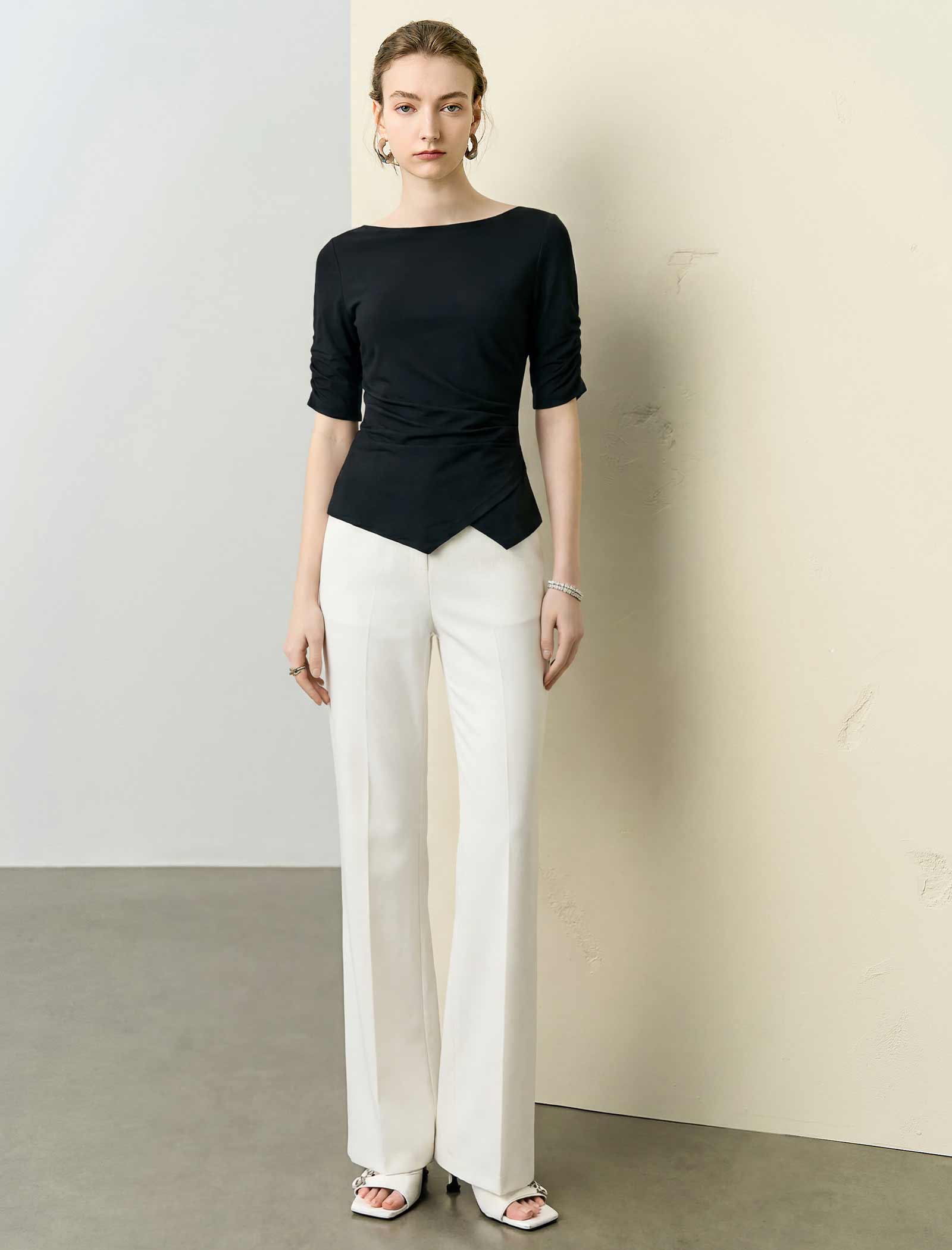 Boat Neck Ruched Sleeve Asymmetrical Top