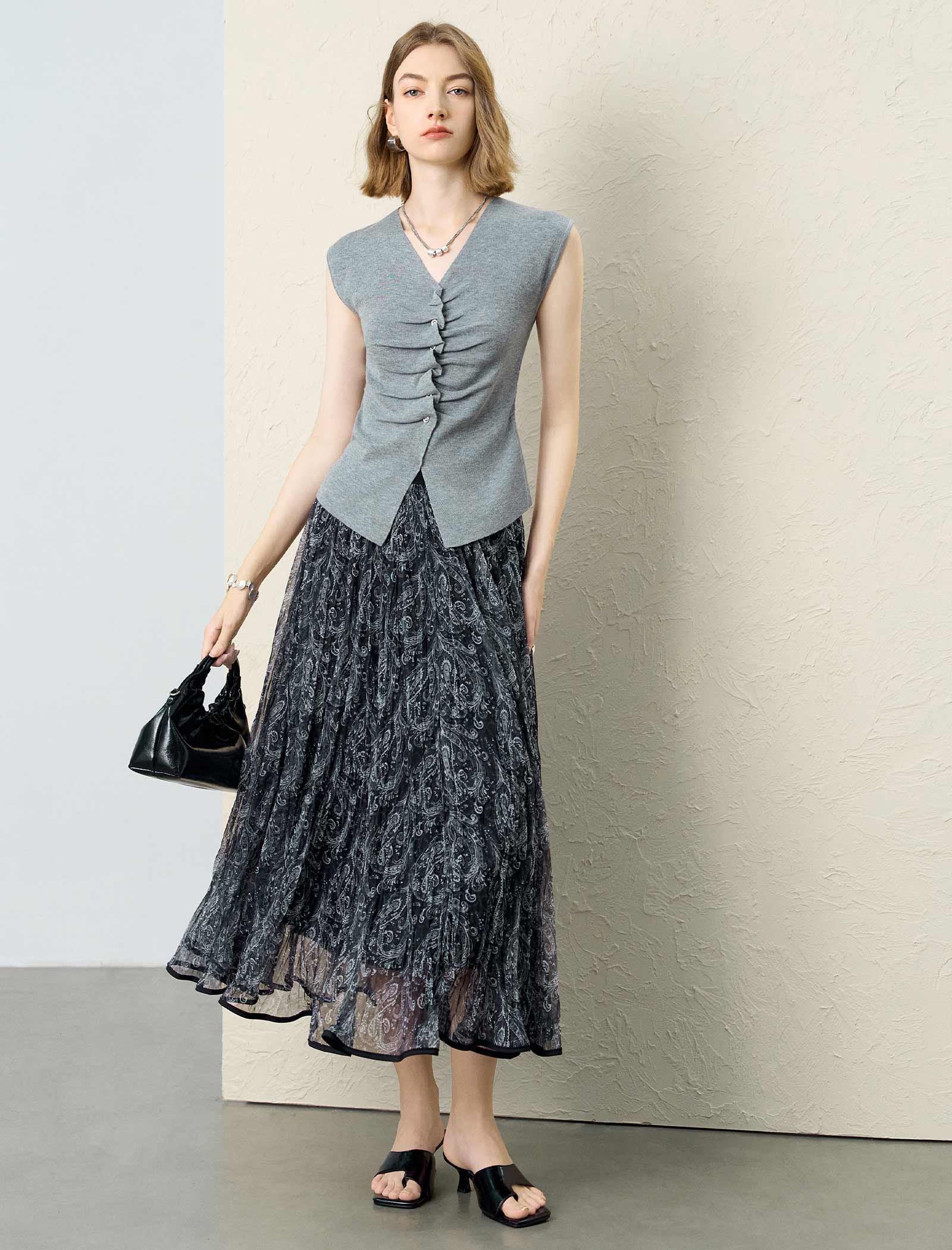Ruched Knit Sleeveless V-Neck Top