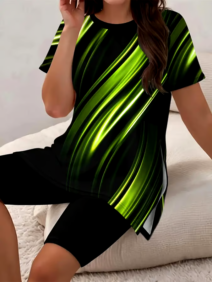 Women'S Casual Round Neck Gradient Print Short-Sleeved T-Shirt Shorts Set