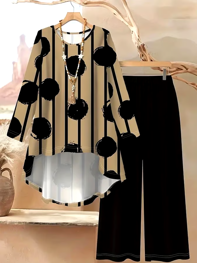 Women's Casual Printed Irregular Hem Top and Pants Two-Piece Set