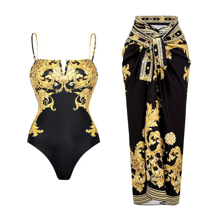 Dbvacay Vintage Baroque Print With Chain One Piece Swimsuit Set