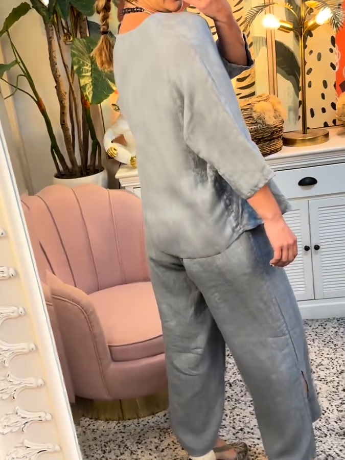 Women'S Casual V-Neck Twisted Cotton And Linen Two-Piece Suit