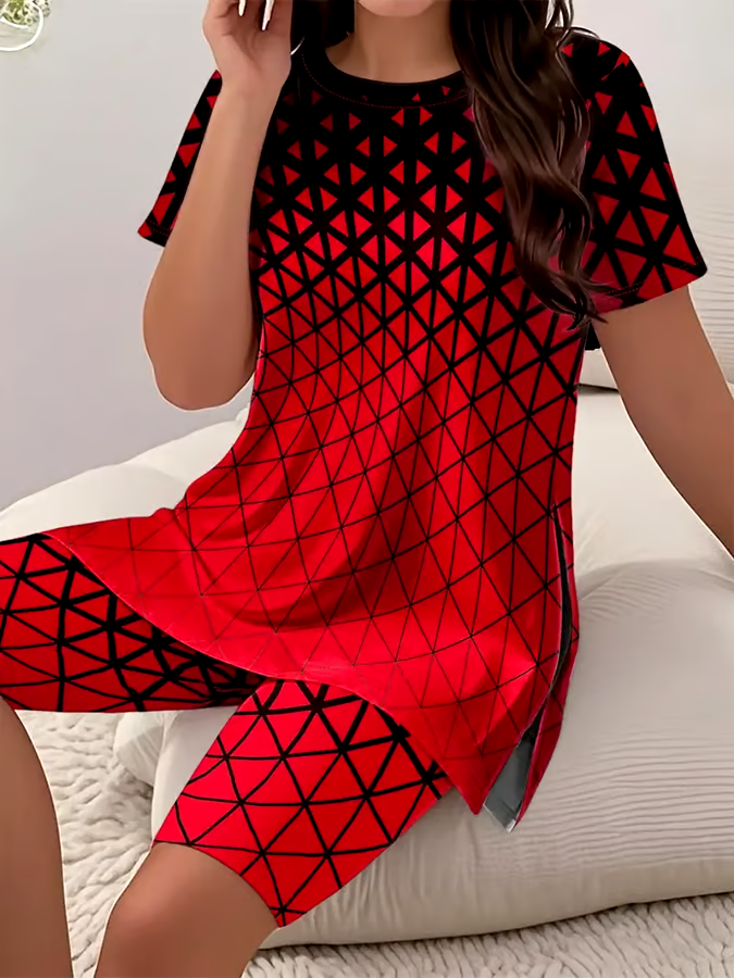 Women'S Casual Round Neck Contrast Color Short Sleeve T-Shirt Shorts Set