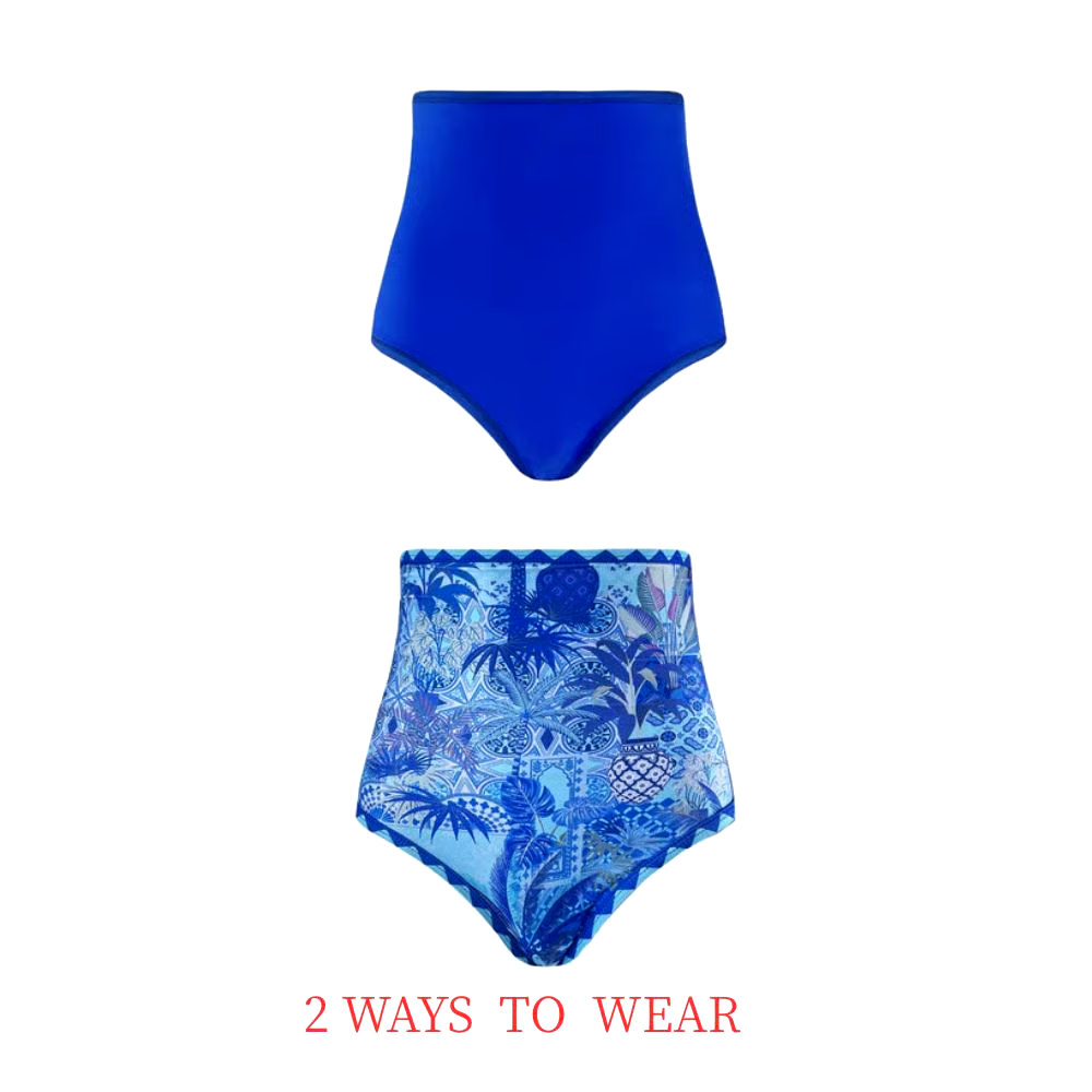 Blue Reversible High Waist Bikini And Sarong Swimsuit Set