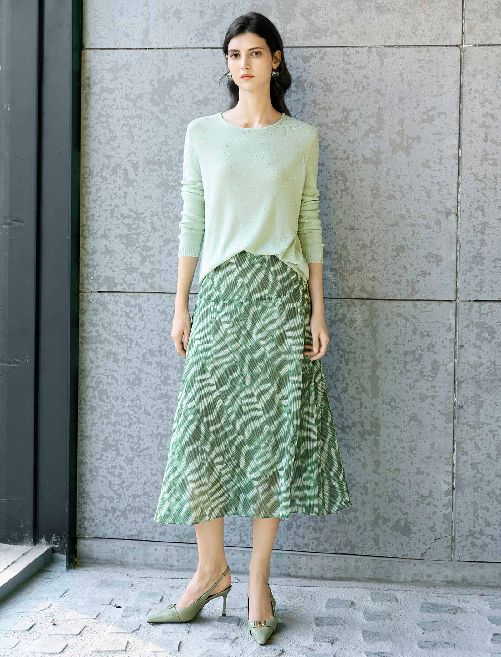 Sage Green Tencel-Linen Blend Sequin Knit Top