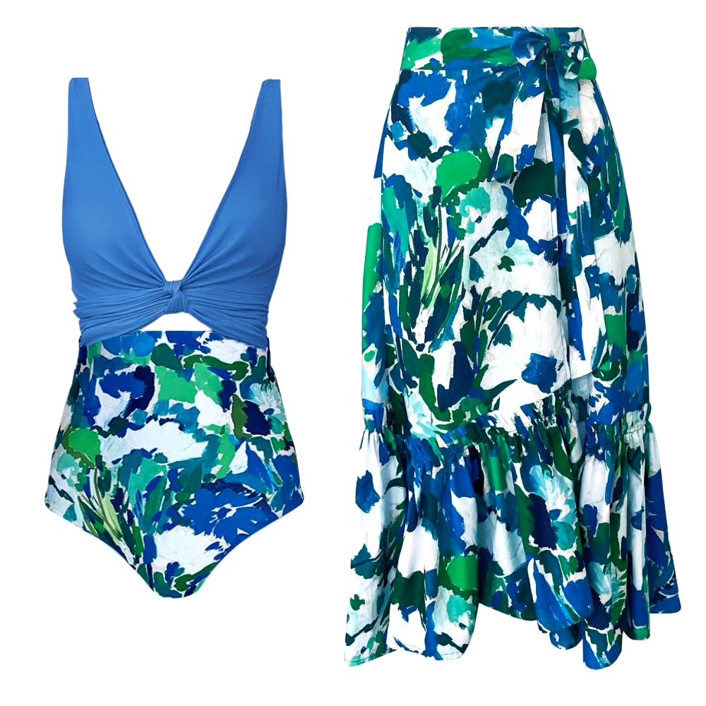 Blue Reversible Multi Wear Bikini And Skirt Swimsuit Set