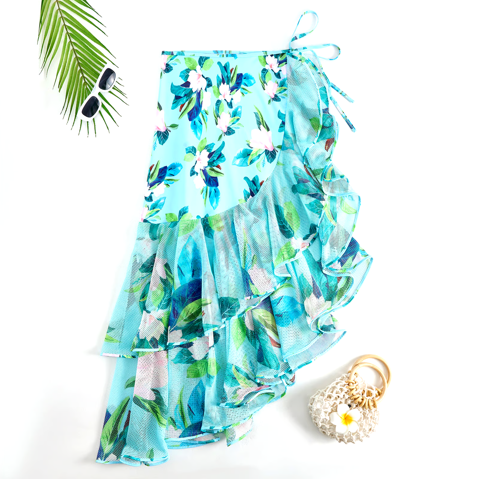DBVACAY V Neck Floral Printed Long Sleeves Ruffled Wrap Skirt Swimsuit Set