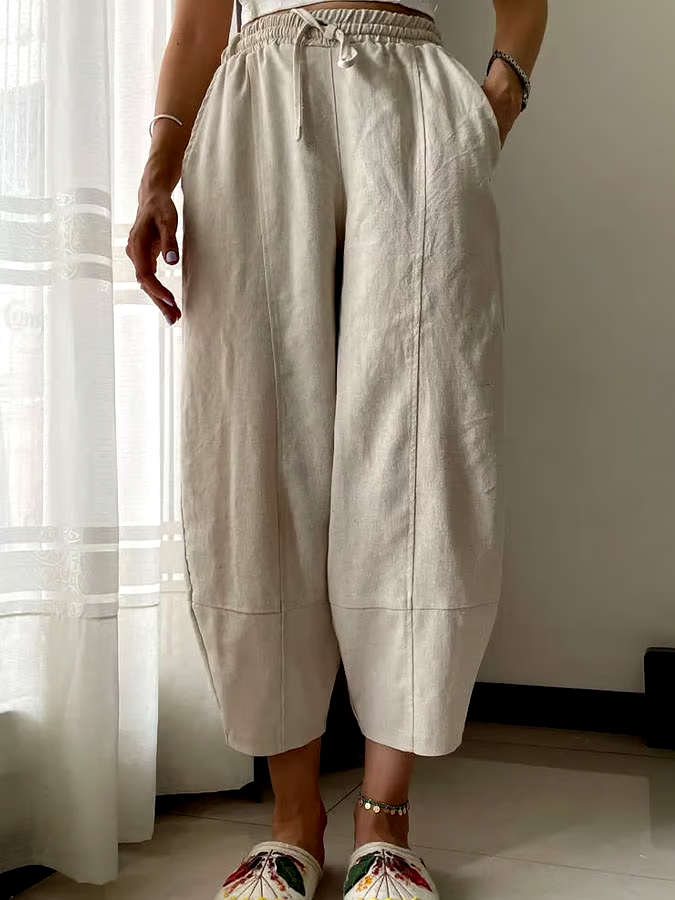 Women's Casual Solid Color Elastic Waist Cotton and Linen Trousers