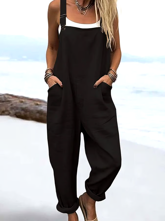 Women'S Casual Solid Color Cotton And Linen Overalls