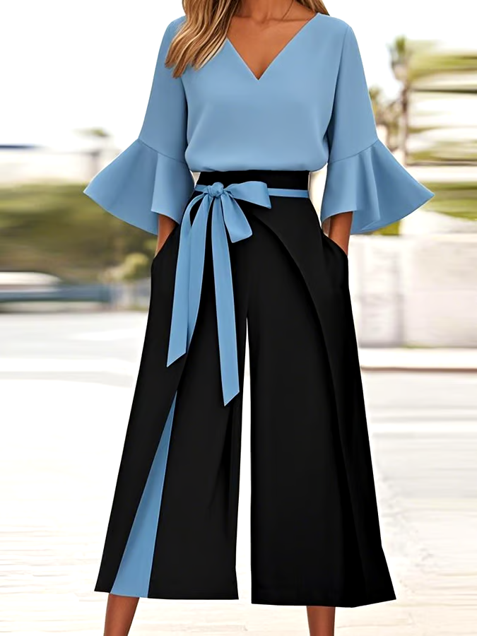 Women'S Casual V-Neck Trumpet Sleeve Contrast Color Two-Piece Suit
