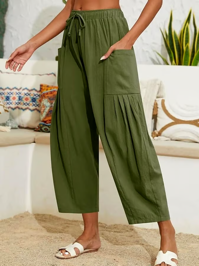 Women's Casual Solid Color Elastic Waist Pleated Cotton and Linen Trousers