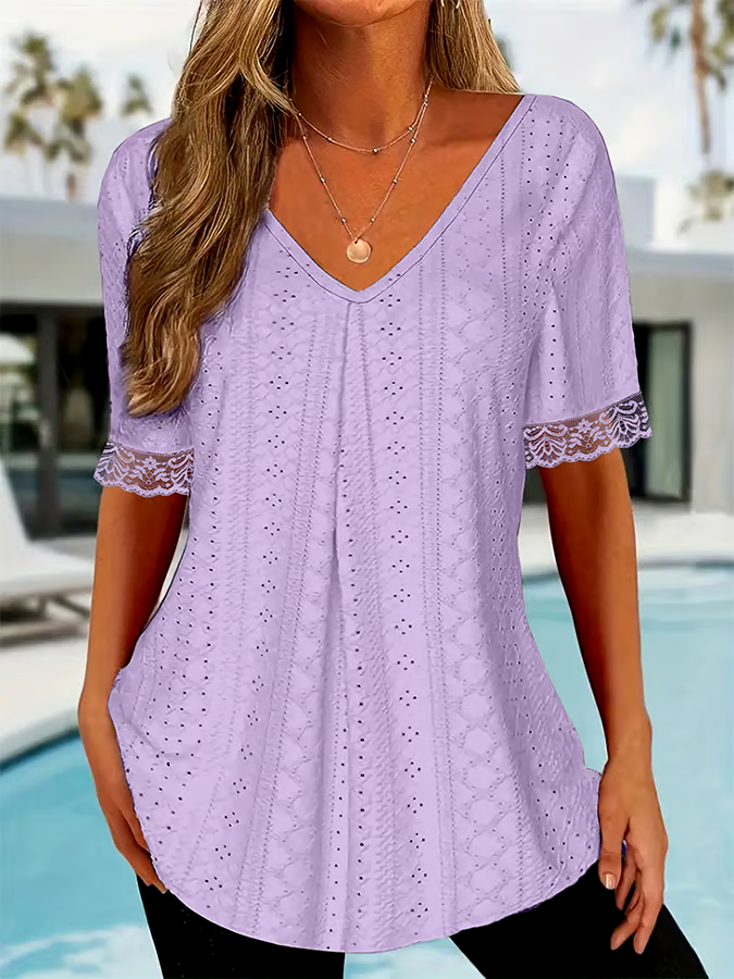 Women's solid color V-neck loose short-sleeved pleated T-shirt