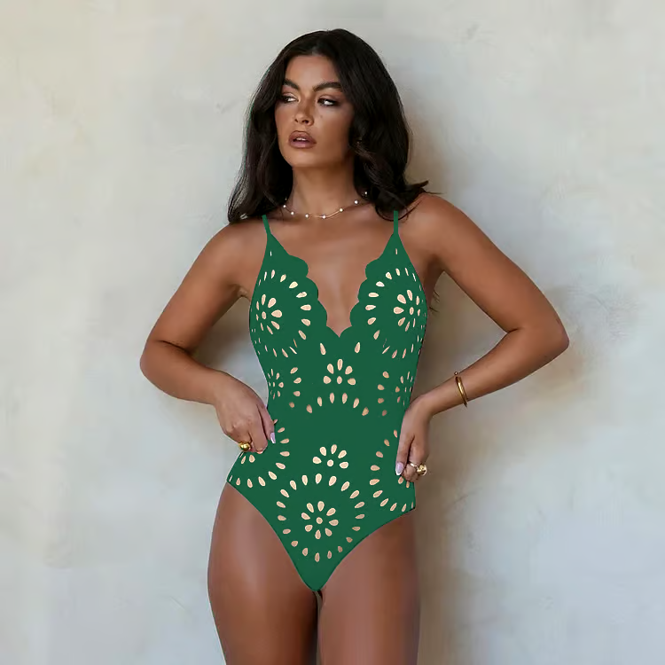 Laser Cutting Flower Hollow Flared Skirt Swimsuit