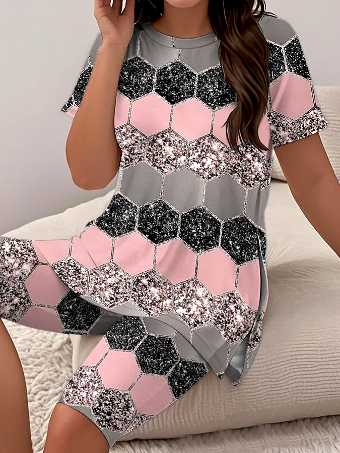 Women's Casual Round Neck Geometric  Print Short Sleeve T-Shirt Shorts Set