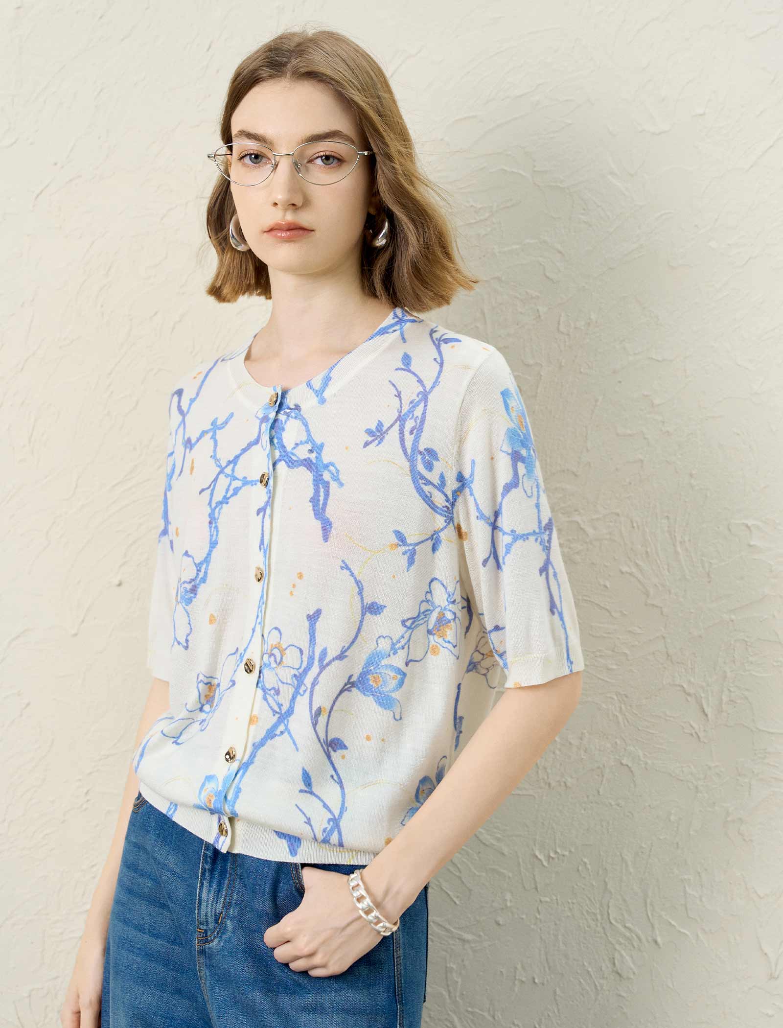 Floral Print Elbow-Sleeve Knit Cardigan