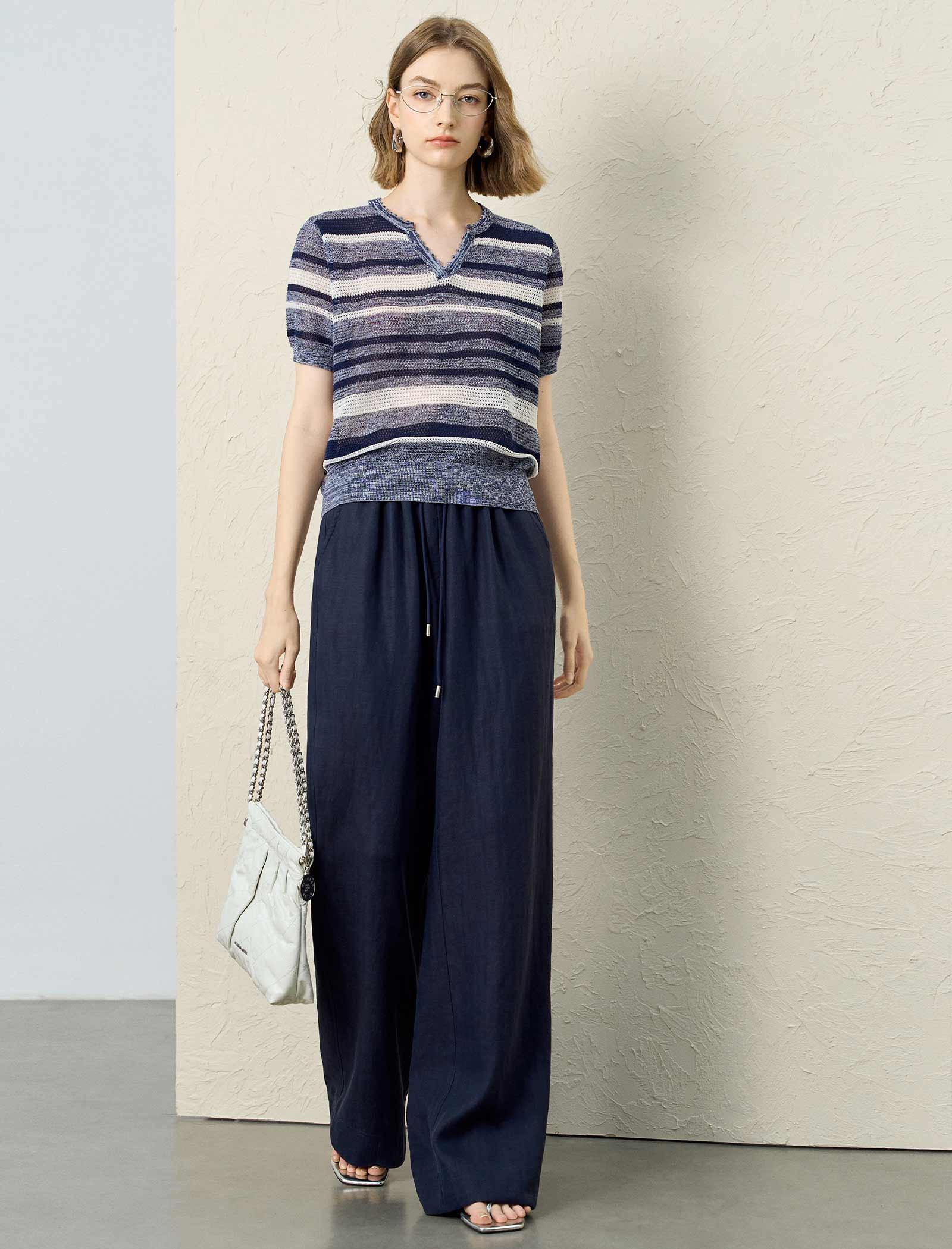 Striped V-Neck Knit Short Sleeve Top