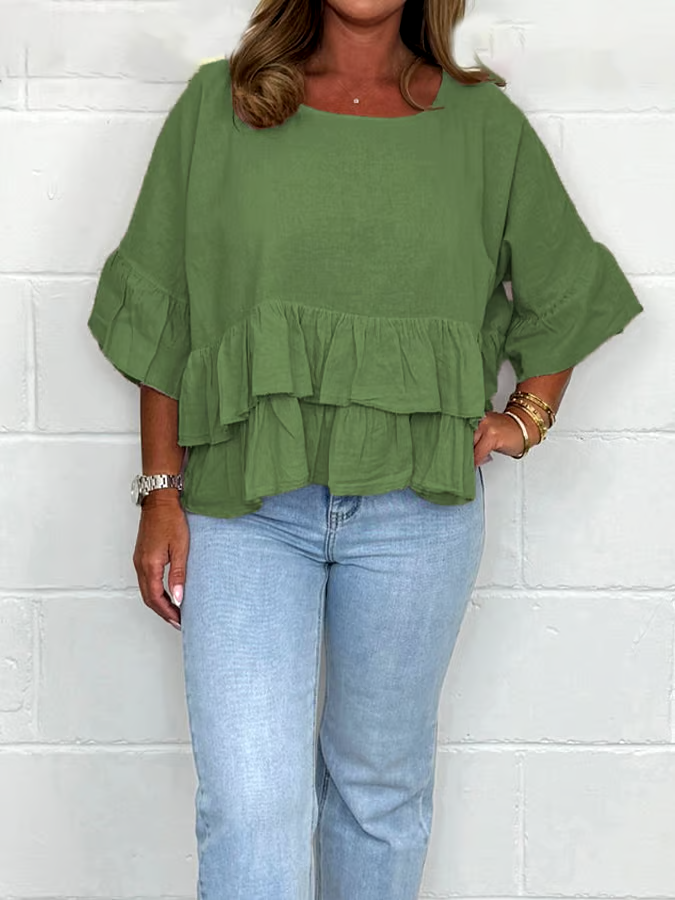 Women'S Solid Color Round Neck Ruffled Cotton And Linen Top