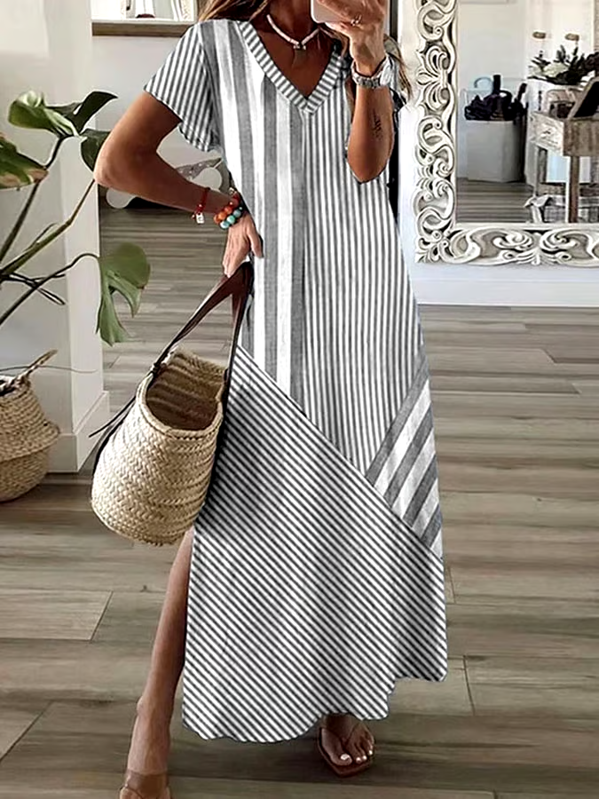 Women's Casual V-Neck Short Sleeve Striped Print Dress